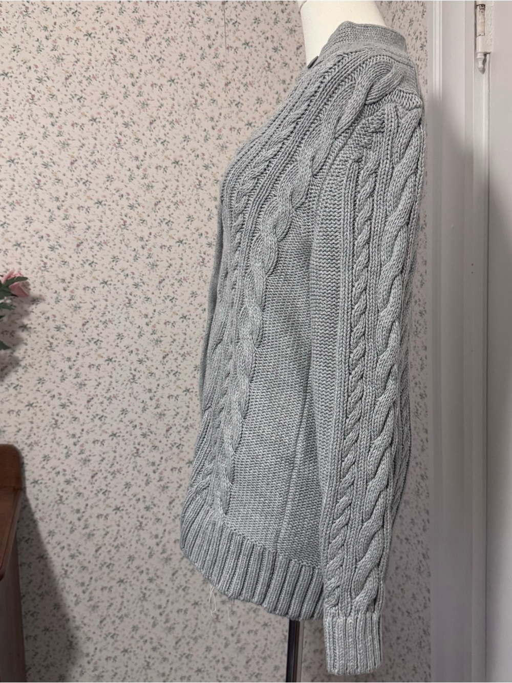 L.L. Bean Light Gray Cable-Knit Button-Front Cardigan - Picture 3 of 7